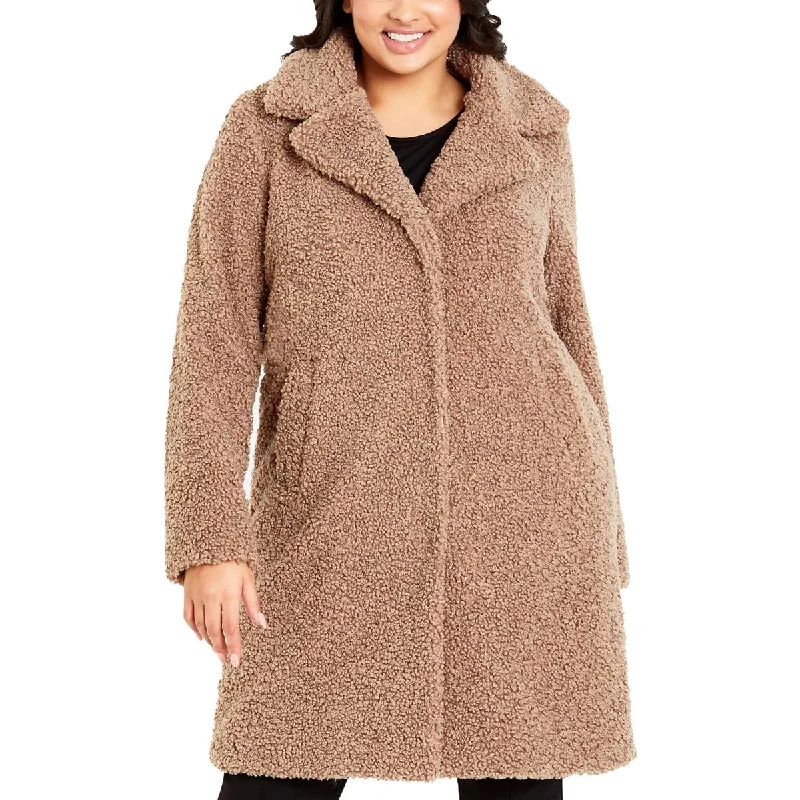 Evans Womens Plus Faux Fur Midi Teddy Coat Shawl Collar Notch Collar Lapel Collar