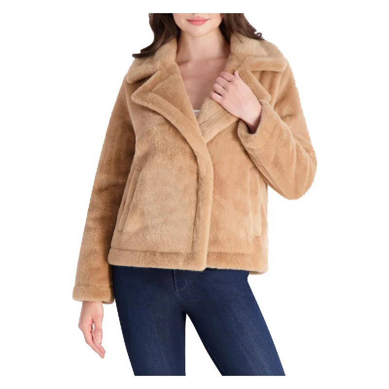 French Connection Short Faux Fur Lapel Coat for Women Tie-Waist Belted Drawstring