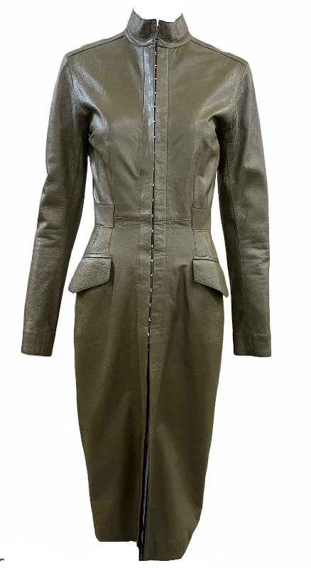 Louis Vuitton Olive Green Leather Coat Dress Buttoned Zippered Snapped
