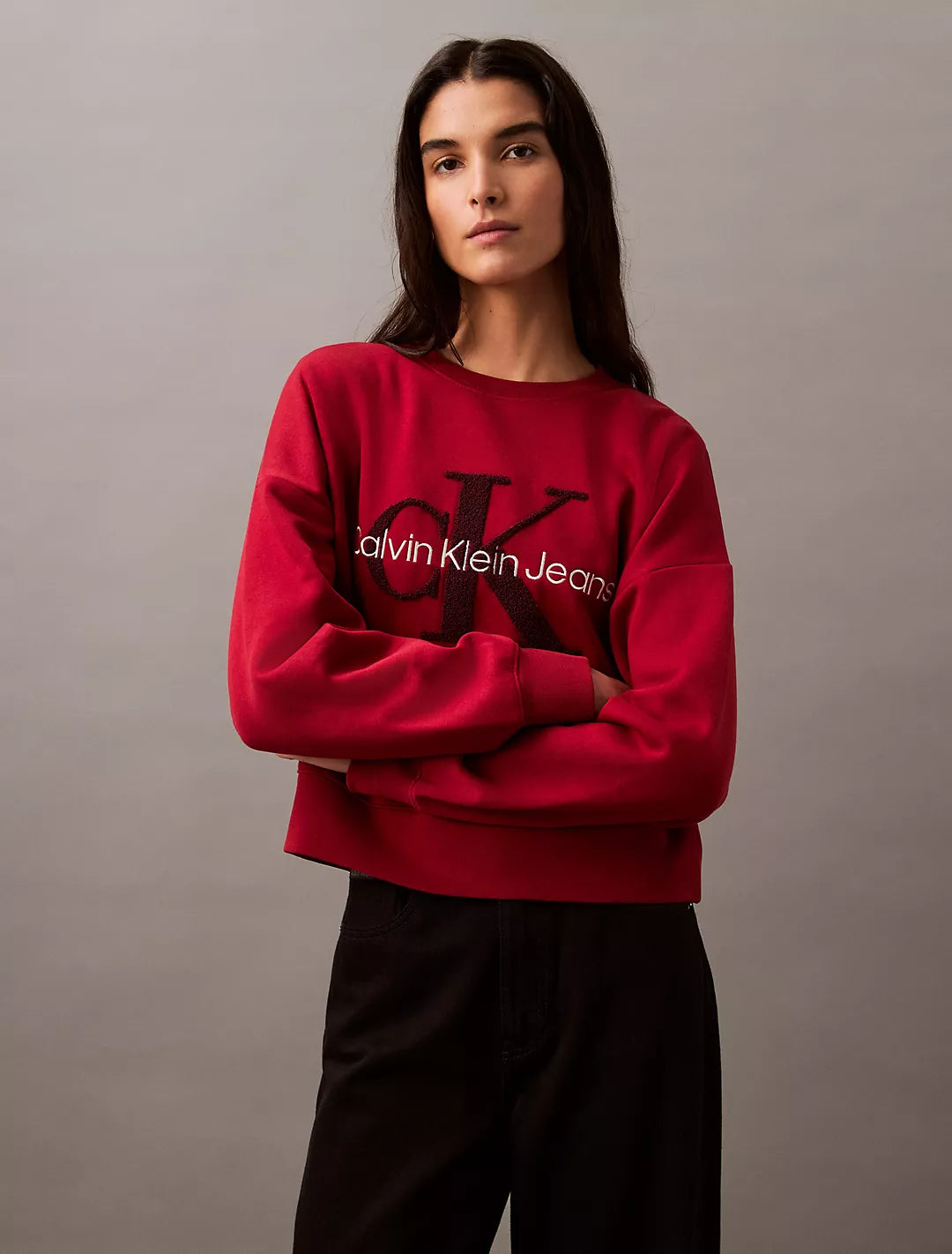 Calvin Klein Chenille Monogram Logo Fleece Crewneck Sweatshirt - Women Hoodie with Velcro Closure Adjustable Secure Calvin Klein Chenille Monogram Logo Fleece Crewneck Sweatshirt - Women Hoodie with Velcro Closure Adjustable Secure