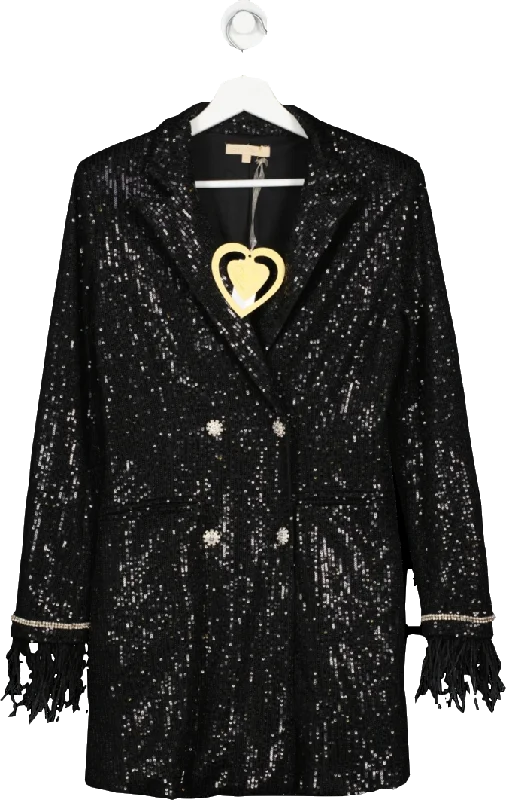 Soky & Soka Black Feather Trimmed Sequin Blazer Dress UK M Women's Trendy Jacket