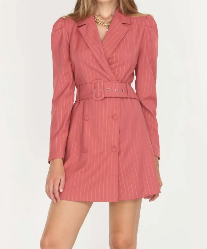Kayla Pinstripe Belted Blazer Dress In Desert Rose Spring Women's Coat