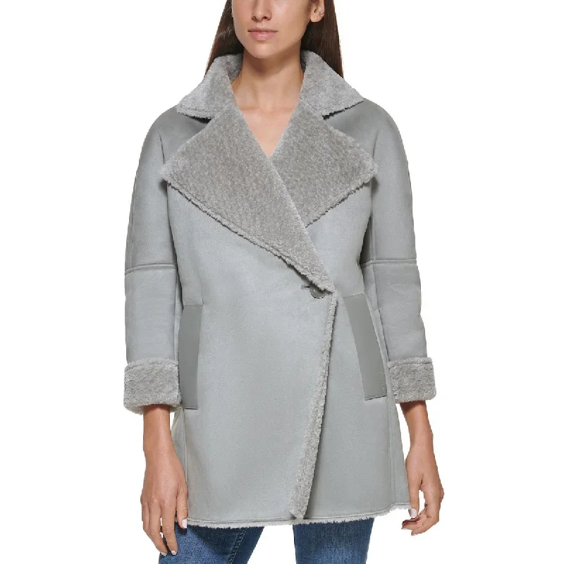 Calvin Klein Womens Midi Warm Faux Fur Coat Buttoned Toggled Snapped