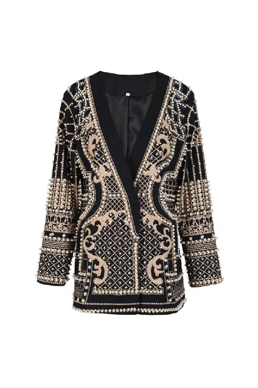 Luxury Faux Pearl Embellished Printed Plunge Shoulder Pad Party Blazer Women's Advanced Suit