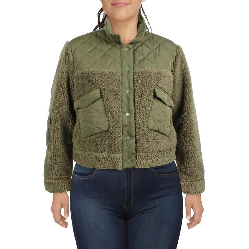 Rails Womens Peyton Quilted Mixed Media Teddy Coat Jersey Tulle Batik