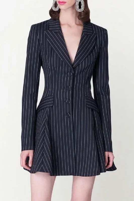 Classic Lapel Button Front Fit & Flare Striped Blazer Mini Dress - Navy Blue Women's Luxurious Jacket Classic Lapel Button Front Fit & Flare Striped Blazer Mini Dress - Navy Blue Women's Luxurious Jacket