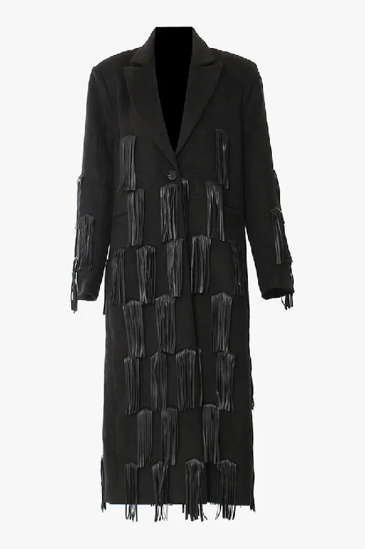 Edge Vegan Leather Fringe Lapel Shoulder Pad One Button Wool Blend Coat Peter Pan Collar Cowl Neck Turtleneck Edge Vegan Leather Fringe Lapel Shoulder Pad One Button Wool Blend Coat Peter Pan Collar Cowl Neck Turtleneck