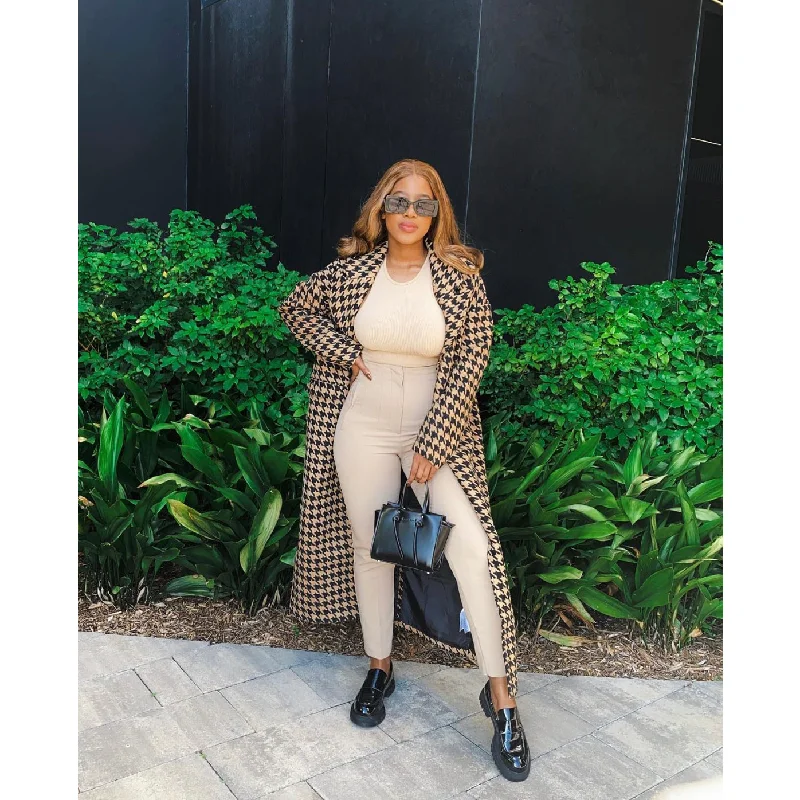Houndstooth Pattern Knitted Coat Sequined Lace Ribbed