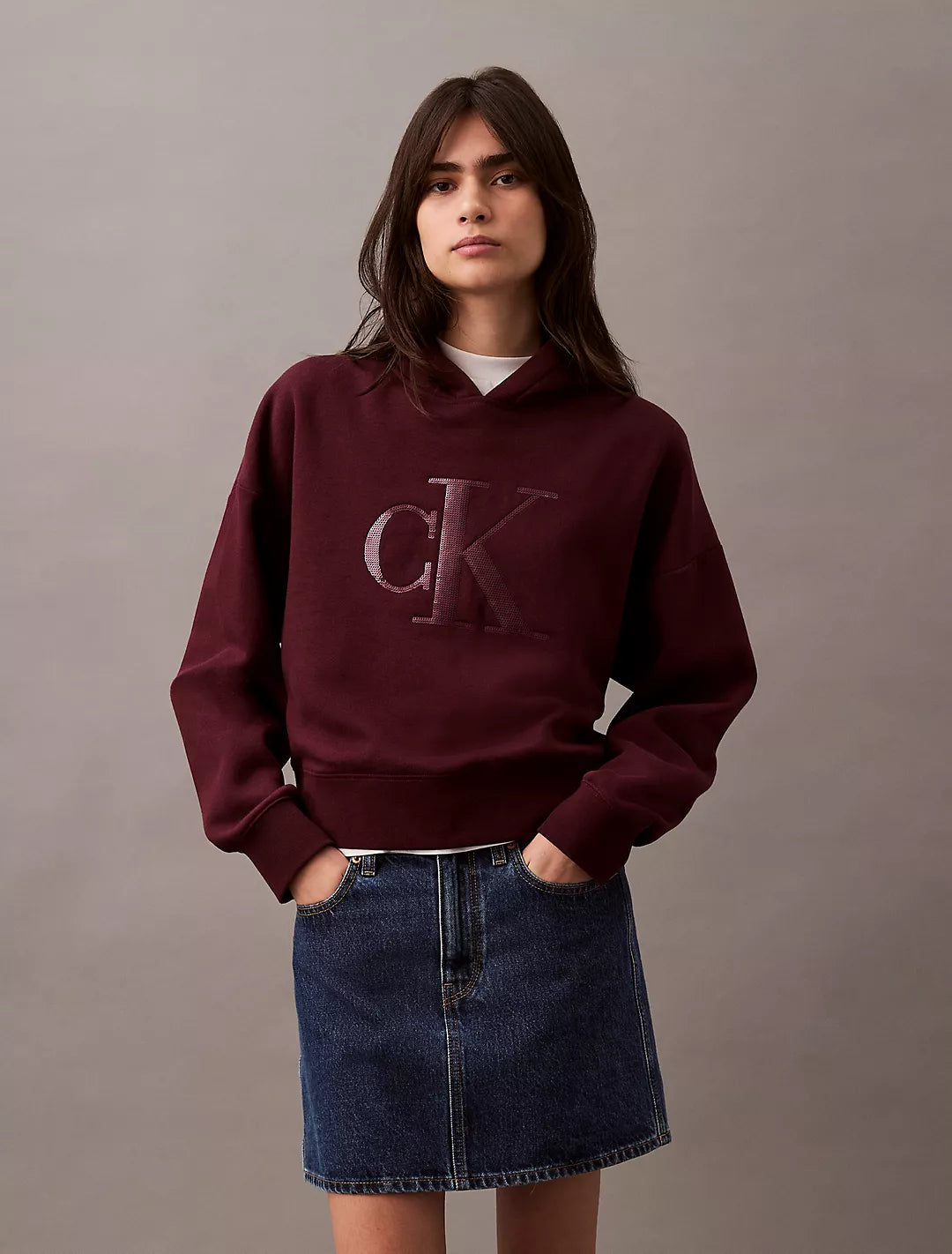 Calvin Klein Sequin Monogram Logo Cropped Hoodie - Women Hoodie with Elastic Waist Stretchable Comfortable Calvin Klein Sequin Monogram Logo Cropped Hoodie - Women Hoodie with Elastic Waist Stretchable Comfortable
