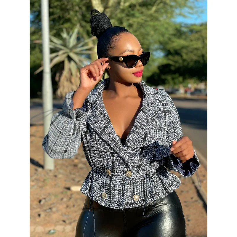 Double Breasted Crop Blazer Cotton Blend Blazer