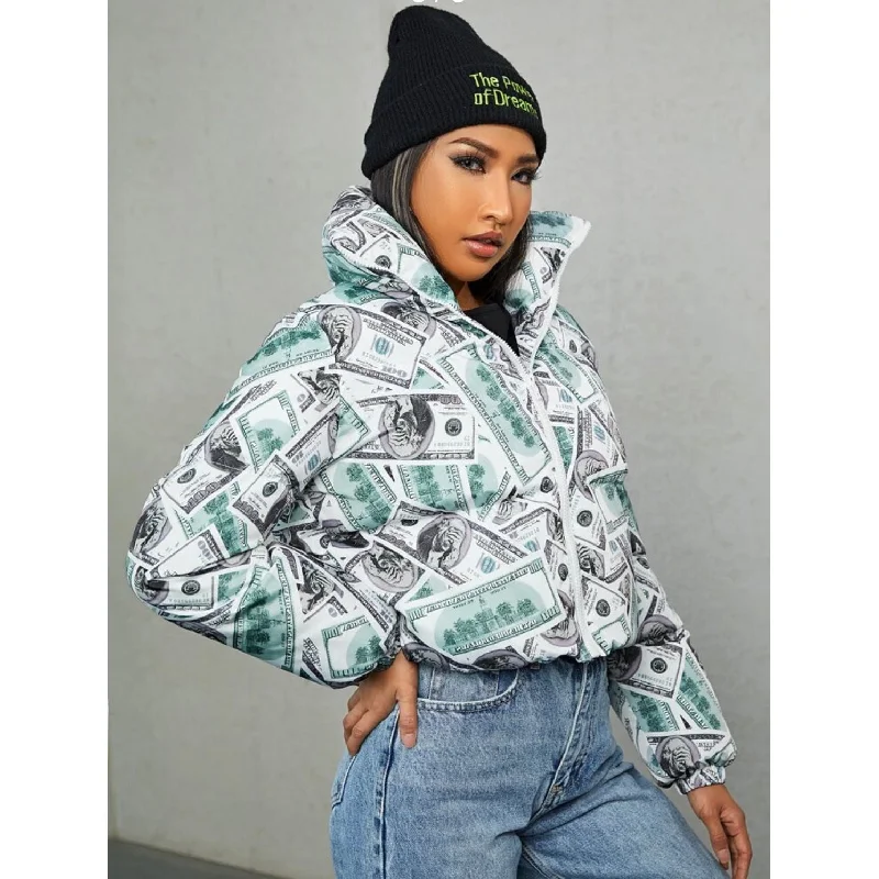 Dollar Print Zip Up Puffer Coat empire Basque Peplum