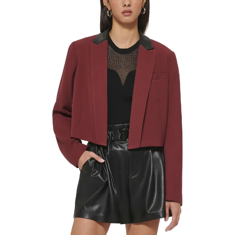 DKNY Womens Faux Leather Trim Crop Open-Front Blazer Women's Long Blazer