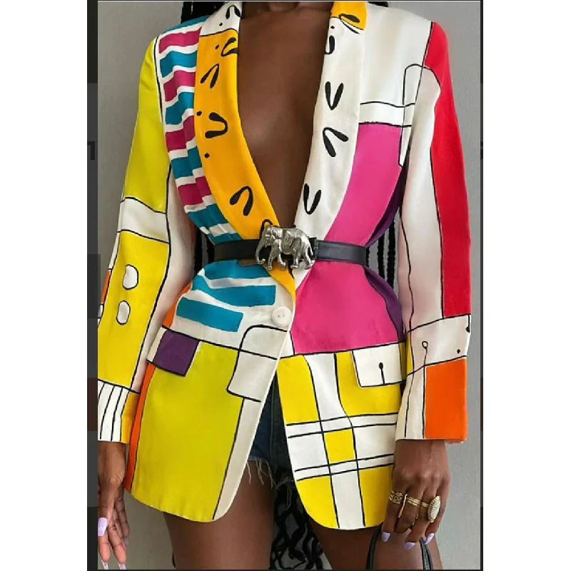 Printed Turn-down Collar Long Blazer New Women's Blazer