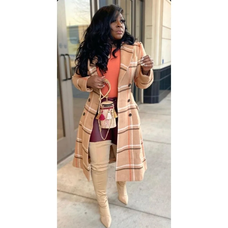 Plaid Double Breasted Coat Stand-Up Roll-Neck Turtle