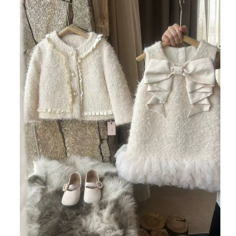 Girls Dress Set Girl Coat Bow Princess Dress Vest Dress Blouse Shirt Tunic