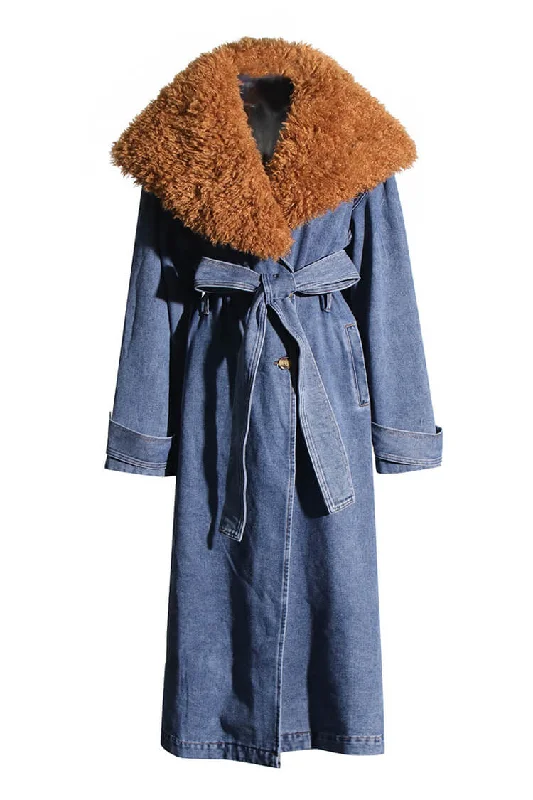 Retro Faux Fur Collar Button Up Belted Cinch Waist Denim Trench Coat Crew Neck V-Neck Boat Neck Retro Faux Fur Collar Button Up Belted Cinch Waist Denim Trench Coat Crew Neck V-Neck Boat Neck