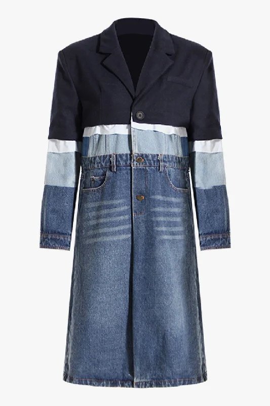 Eclectic Style Lapel Collar Single Breasted Layered Spliced Denim Trench Coat Square Neck One-Shoulder Off-the-Shoulder Eclectic Style Lapel Collar Single Breasted Layered Spliced Denim Trench Coat Square Neck One-Shoulder Off-the-Shoulder
