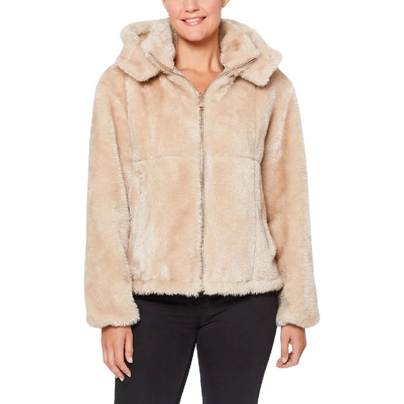 Vince Camuto Womens Lightweight Reversible Faux Fur Coat Hooded Caped Scarf