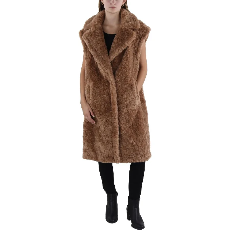 BCBGMAXAZRIA Womens Notch Collar Midi Faux Fur Coat Welt Pockets Slit Pockets Flap Pockets