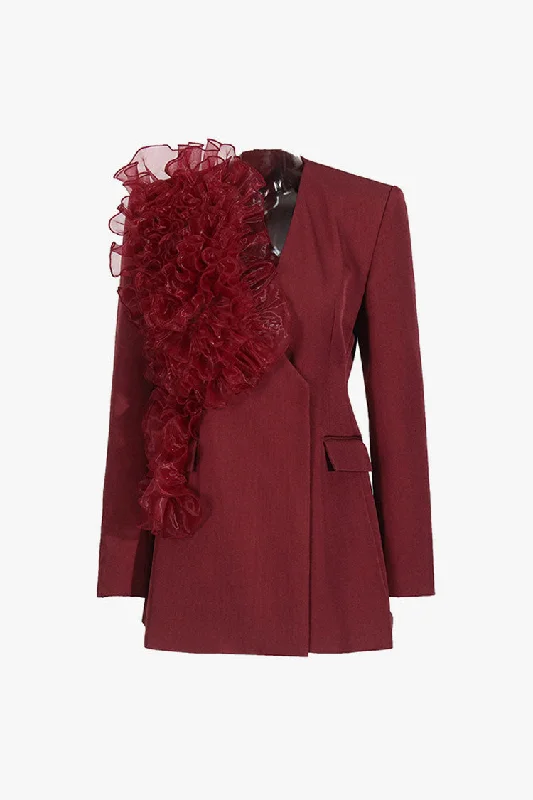 Voluminous Ruffle Collarless Strong Shoulder Long Sleeve Cinch Waist Blazer Linen Women's Suit