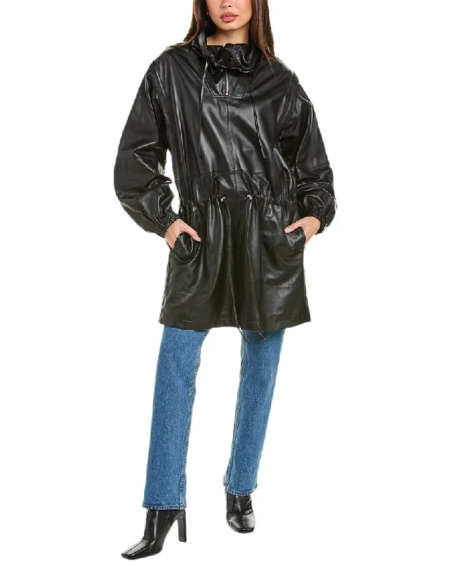 Helmut Lang Leather Coat Asymmetrical Collar Hooded Zippered