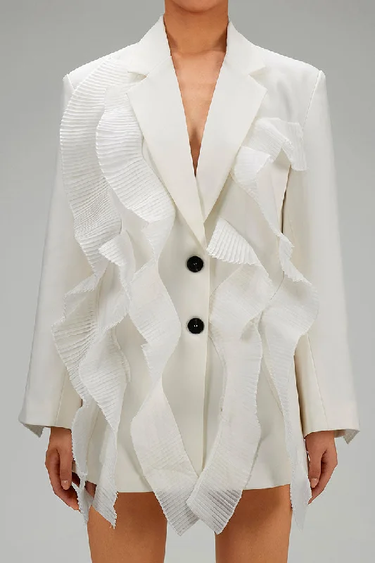 Feminine Pleated Ruffle Lapel Collar Long Sleeve Single Breasted Twill Blazer Cotton Blend Blazer