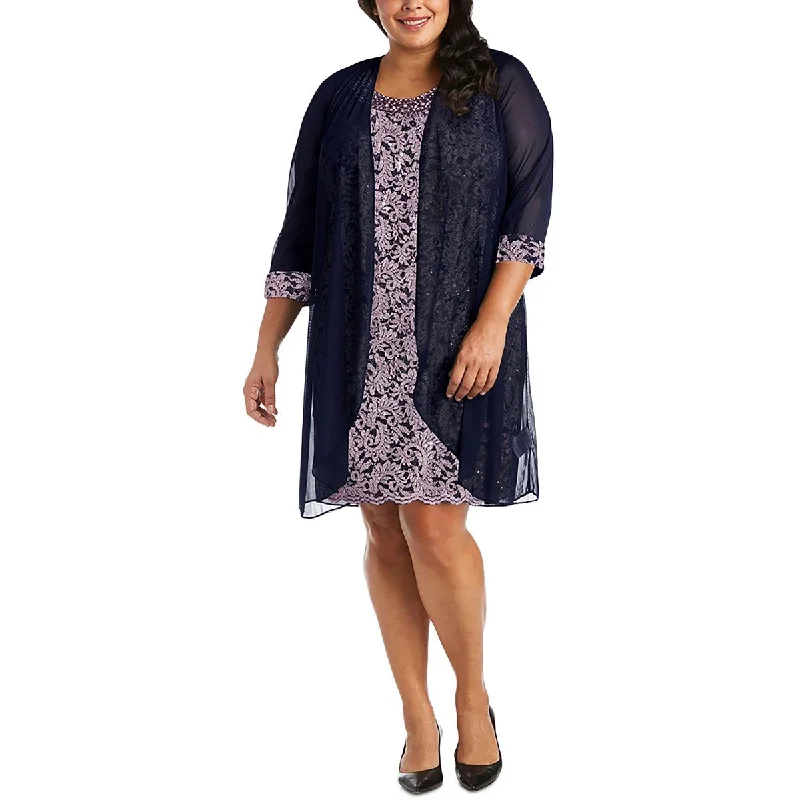 R&M Richards Womens Plus Mesh Contrast Trim Duster Blazer Women's Trendy Jacket