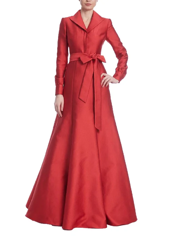 Luxe Coat Dress Gown In Red Pockets Sleeves Lining