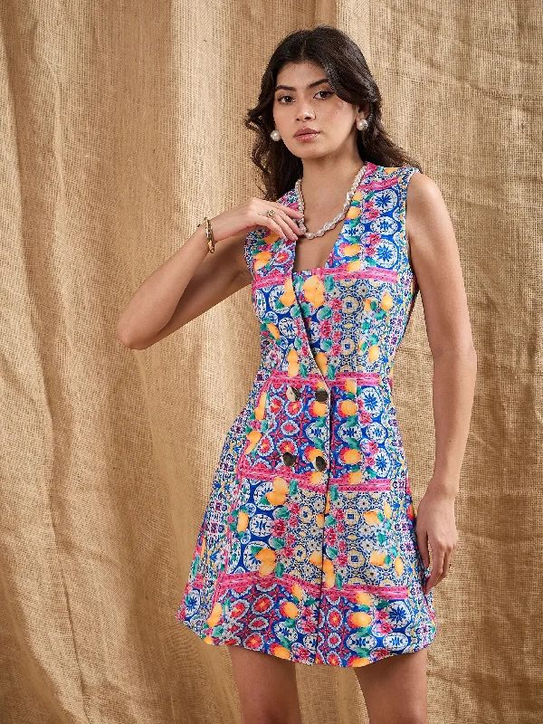 Women Blue Printed DoubleBreast Sleeveless Blazer Dress Women's Simple Jacket