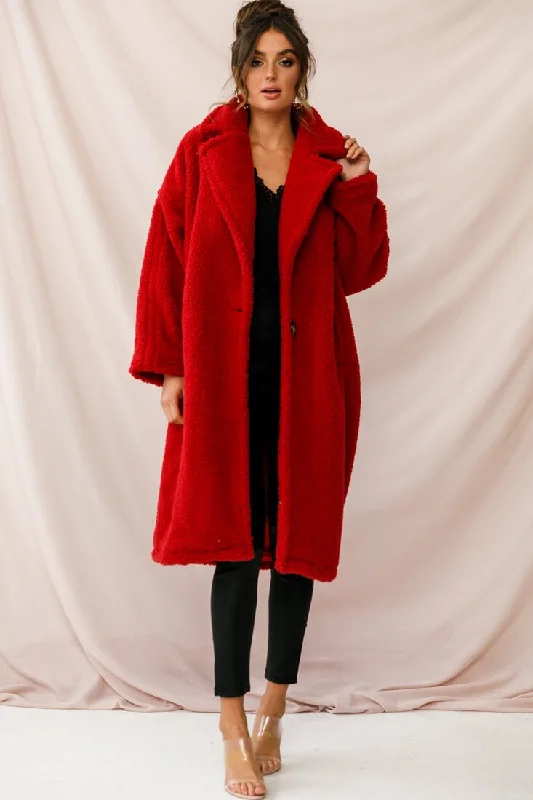Berlin Notched Lapel Longline Fleece Coat Red Trench Raincoat Windbreaker