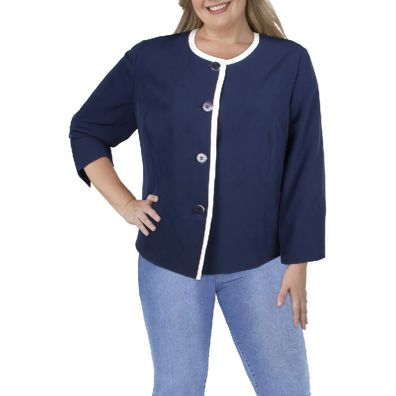 Le Suit Womens Plus Knit Contrast Trim Collarless Blazer Women's Boutique Suit
