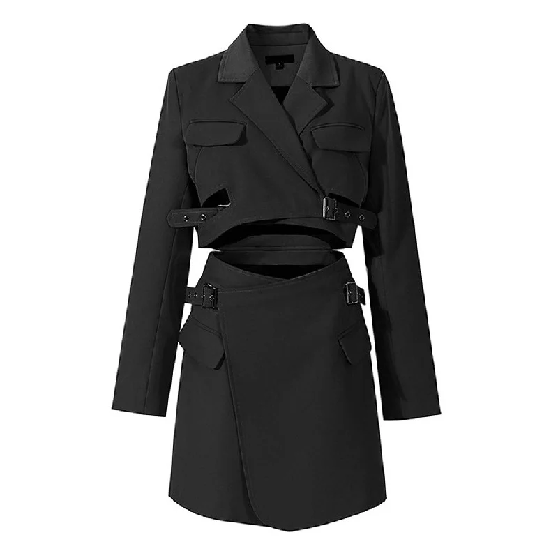 Stylish Lapel Collar Wrapped Strappy Belted Cut Out Mini Blazer Dress Women's Luxurious Jacket Stylish Lapel Collar Wrapped Strappy Belted Cut Out Mini Blazer Dress Women's Luxurious Jacket