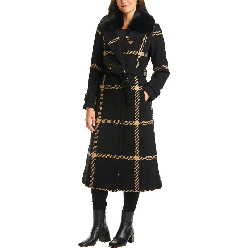 Vince Camuto Womens Plus Wool Blend Faux Fur Trim Walker Coat Pleated Ruffled tiered