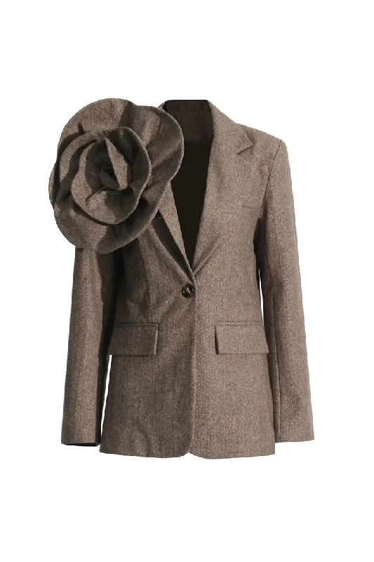 Retro 3D Rosette Embellished Lapel Collar Long Sleeve Herringbone Blazer Milan Custom Blazer