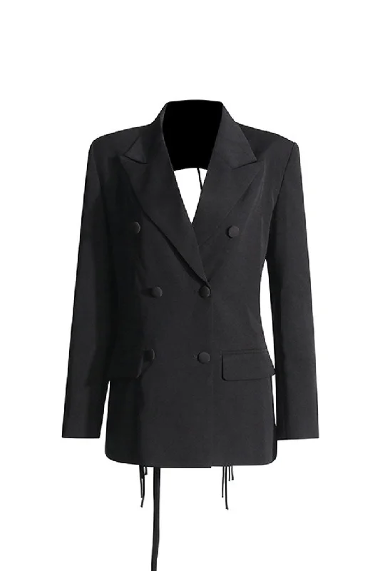 Sparkly Crystal Trim Fringe Backless Lapel Double Breasted Party Blazer Women's Unique Blazer