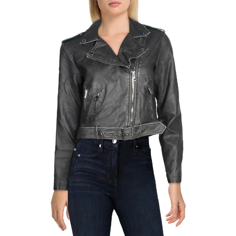 Levi Strauss & Co. Womens Faux Leather Cold Weather Moto Coat Solid Print Jacquard