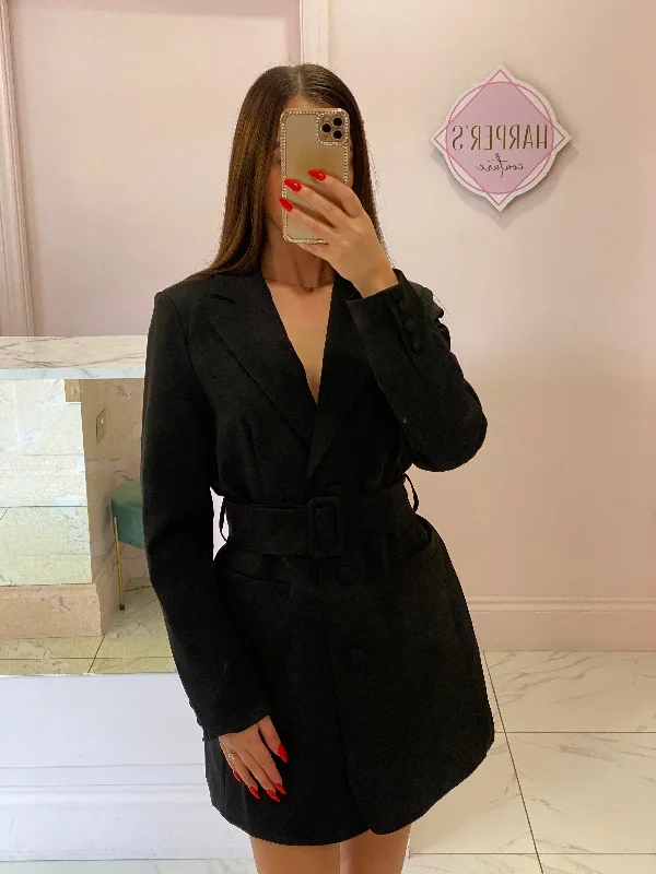 Lorna Black Belted Blazer Dress Women's Warm Suit