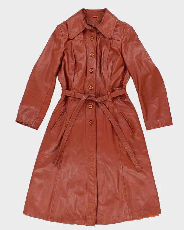 Woman's Tan Long Leather Coat - L Toggle Coat Shawl Collar Coat Notch Collar Coat
