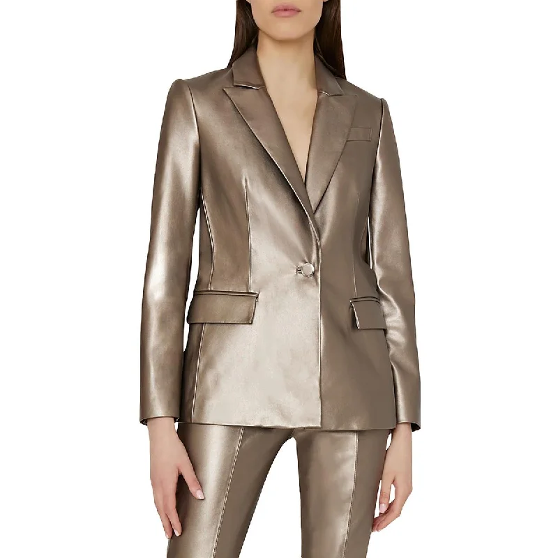 Milly Womens Alexa Faux Leather Metallic One-Button Blazer Milan Custom Blazer