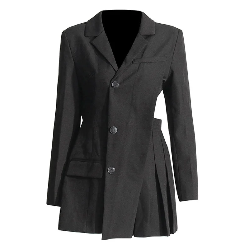 Asymmetric Cutout Lapel Shoulder Pad Button Up Pleated Mini Blazer Dress Women's Handmade Blazer Asymmetric Cutout Lapel Shoulder Pad Button Up Pleated Mini Blazer Dress Women's Handmade Blazer