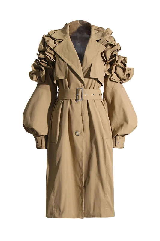 Elegant Puff Sleeve Button Front Belted Cinch Waist Ruffle Trench Coat Shawl Collar Notch Collar Lapel Collar Elegant Puff Sleeve Button Front Belted Cinch Waist Ruffle Trench Coat Shawl Collar Notch Collar Lapel Collar