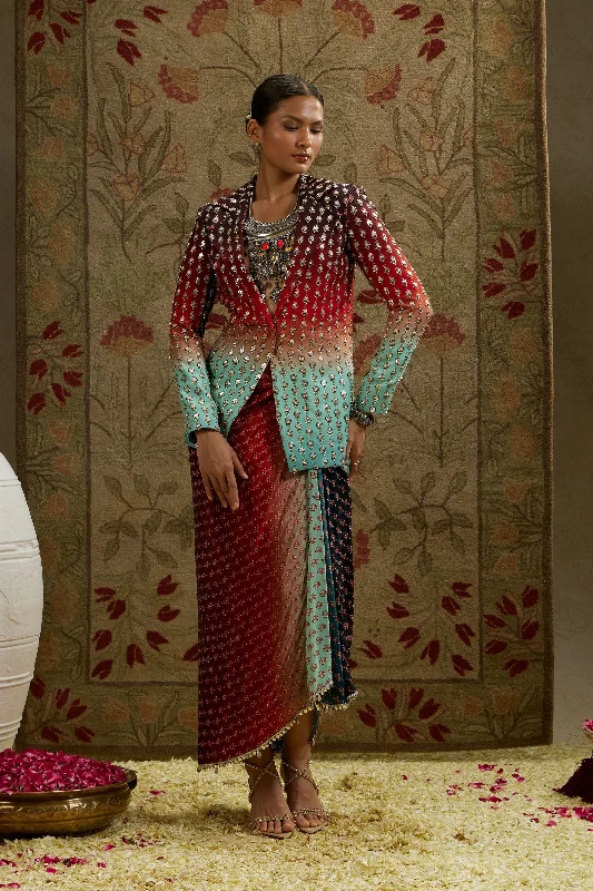 RED BLUE OMBRE PRINT EMBELLISHED BLAZER PAIRED WITH DRAPE SKIRT Winter Women's Blazer