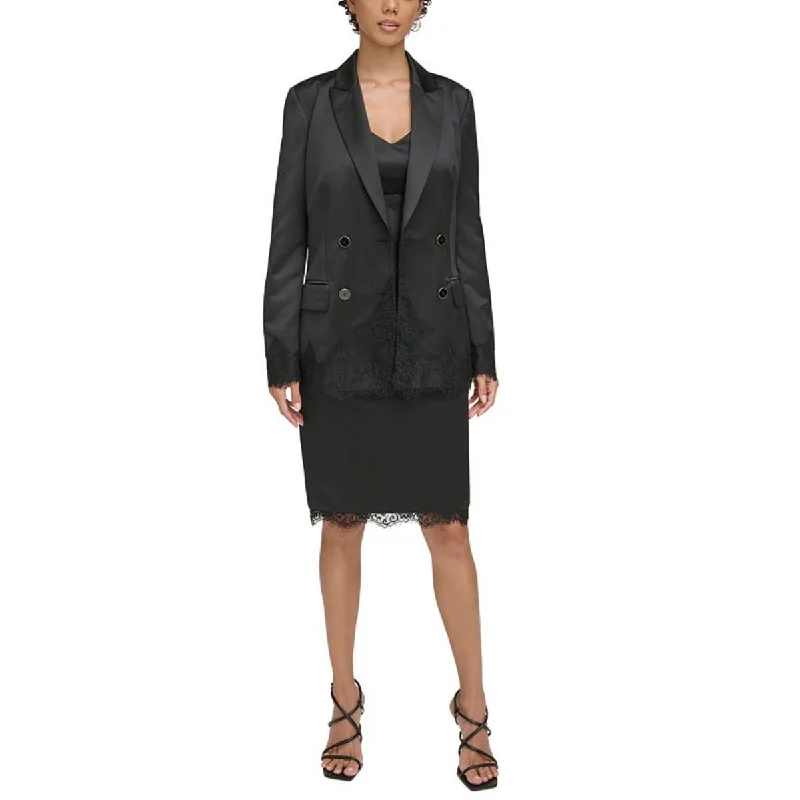 Donna Karan Womens Lace Trim Shoulder Pads Double-Breasted Blazer Women's Trendy Suit Donna Karan Womens Lace Trim Shoulder Pads Double-Breasted Blazer Women's Trendy Suit