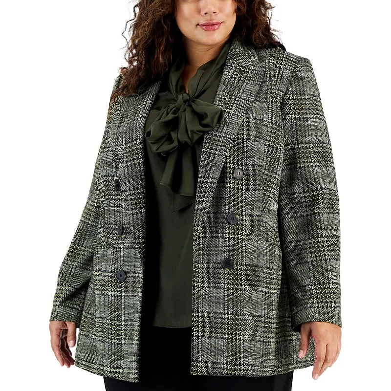 Bar III Womens Plus Plaid Double-Breasted Open-Front Blazer Cotton Blend Blazer