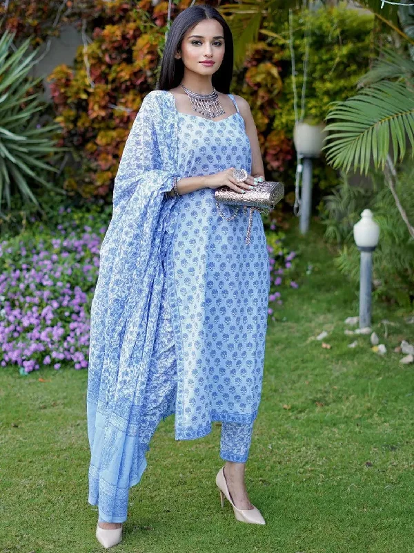 Blue Printed Cotton Straight Kurta With Trousers & Dupatta Trousers Travel Practical Blue Printed Cotton Straight Kurta With Trousers & Dupatta Trousers Travel Practical