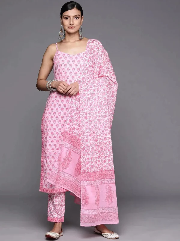 Pink Printed Cotton Straight Kurta With Trousers & Dupatta Trousers Business Professional Pink Printed Cotton Straight Kurta With Trousers & Dupatta Trousers Business Professional