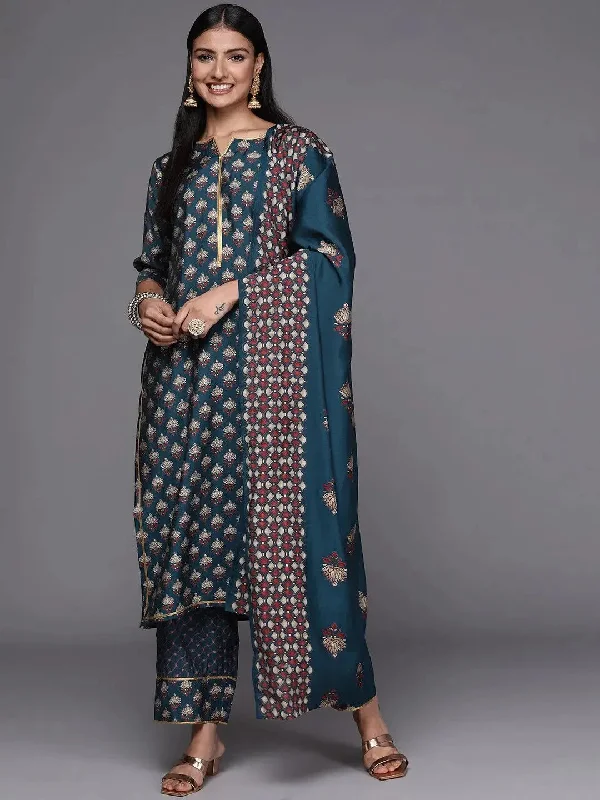 Blue Printed Silk Blend Straight Kurta With Trousers & Dupatta Trousers Brand Named