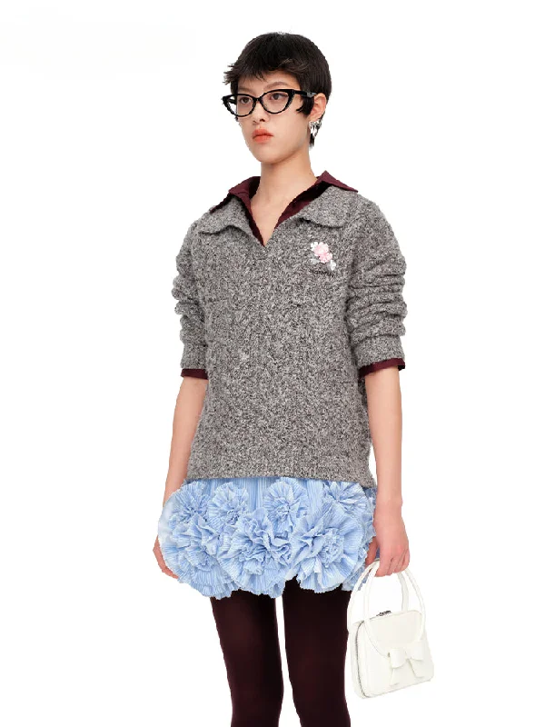 Black & Brown Floral Embellished Collared Knit Sweater Cable Knit Ribbed Knit Lace Knit