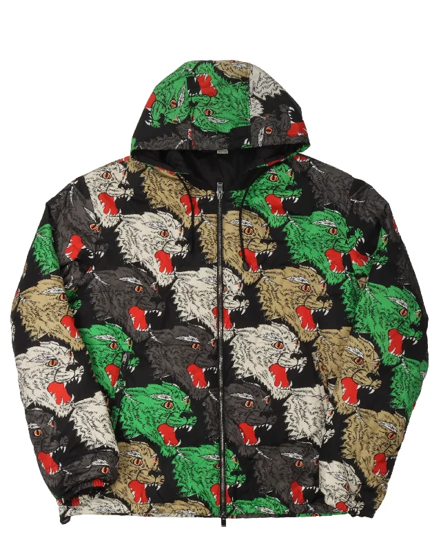 Panther Print Padded Hooded Jacket Zippered Front Buttoned Front Snap Front
