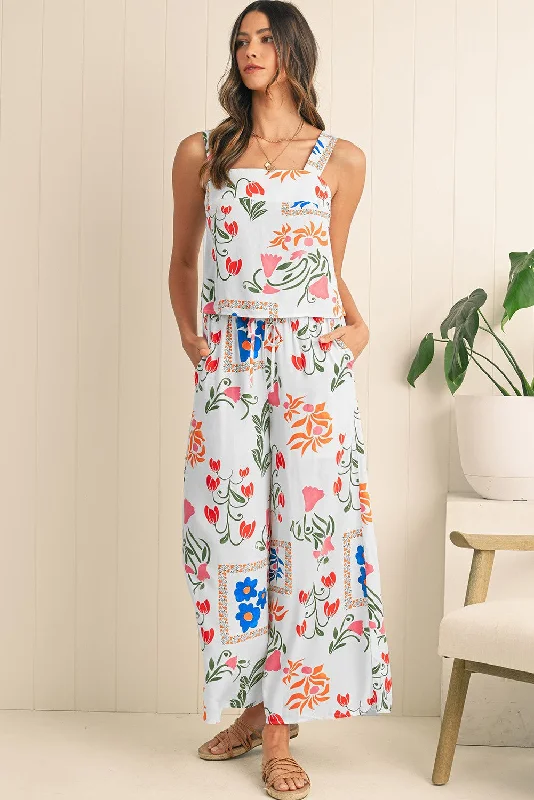 Square Neck Tank & Wide Leg Pants Boho Floral Set cozy tank top